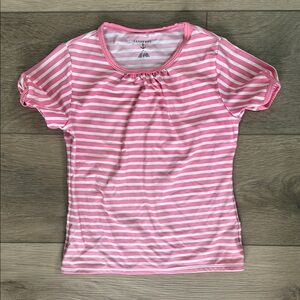 Lands' End Girls Pink and White Stripe Short Sleeve Rashguard